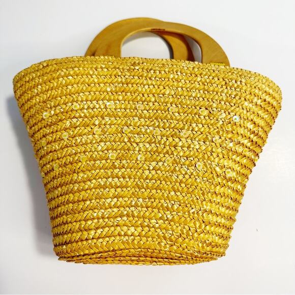 Spring Summer Resort Vineyard Beach Sequin Wicker Yellow Tote Bag Purse - Picture 1 of 7